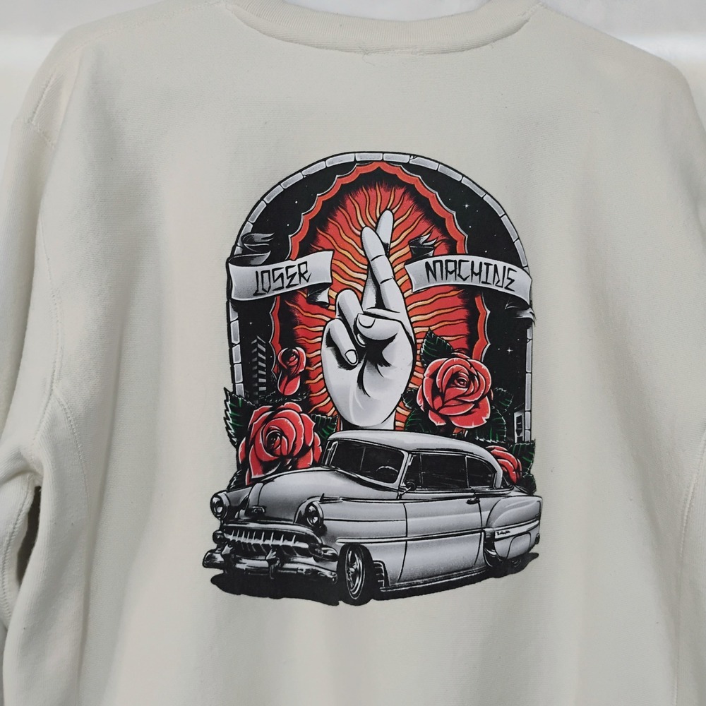 Loser Machine Mens Large Graphic Crewneck Sweatshirt Off White Car Tattoo R